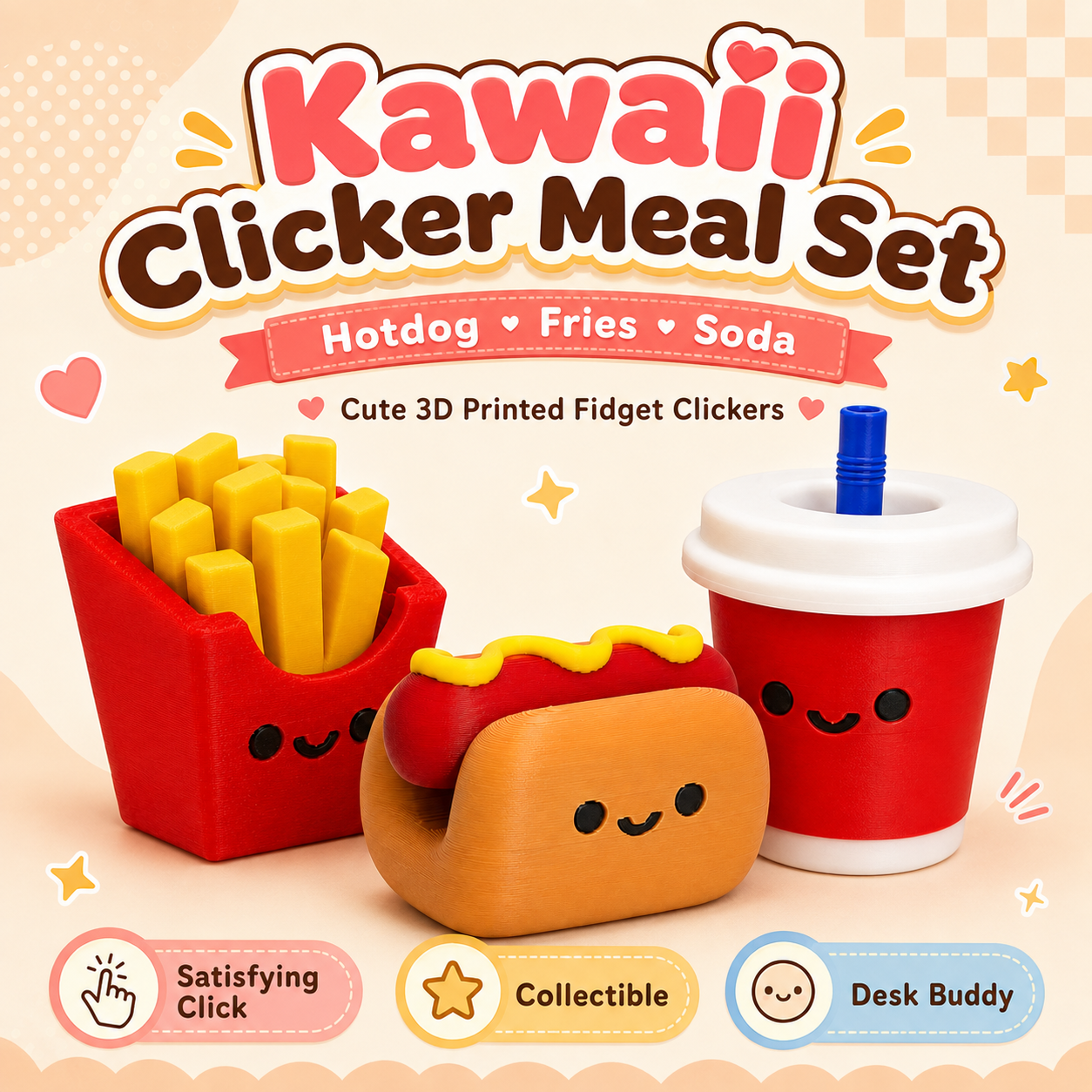 Kawaii hotdog meal fidget clicker set with fries and soda