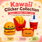 Kawaii fast food fidget clickers featuring burger, hotdog, fries and soda