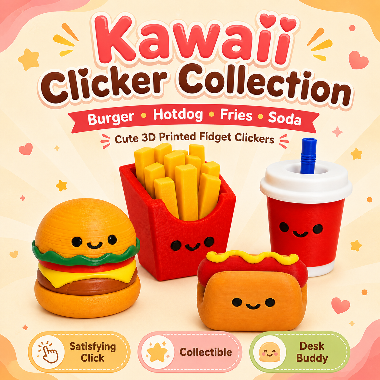 Kawaii fast food fidget clickers featuring burger, hotdog, fries and soda