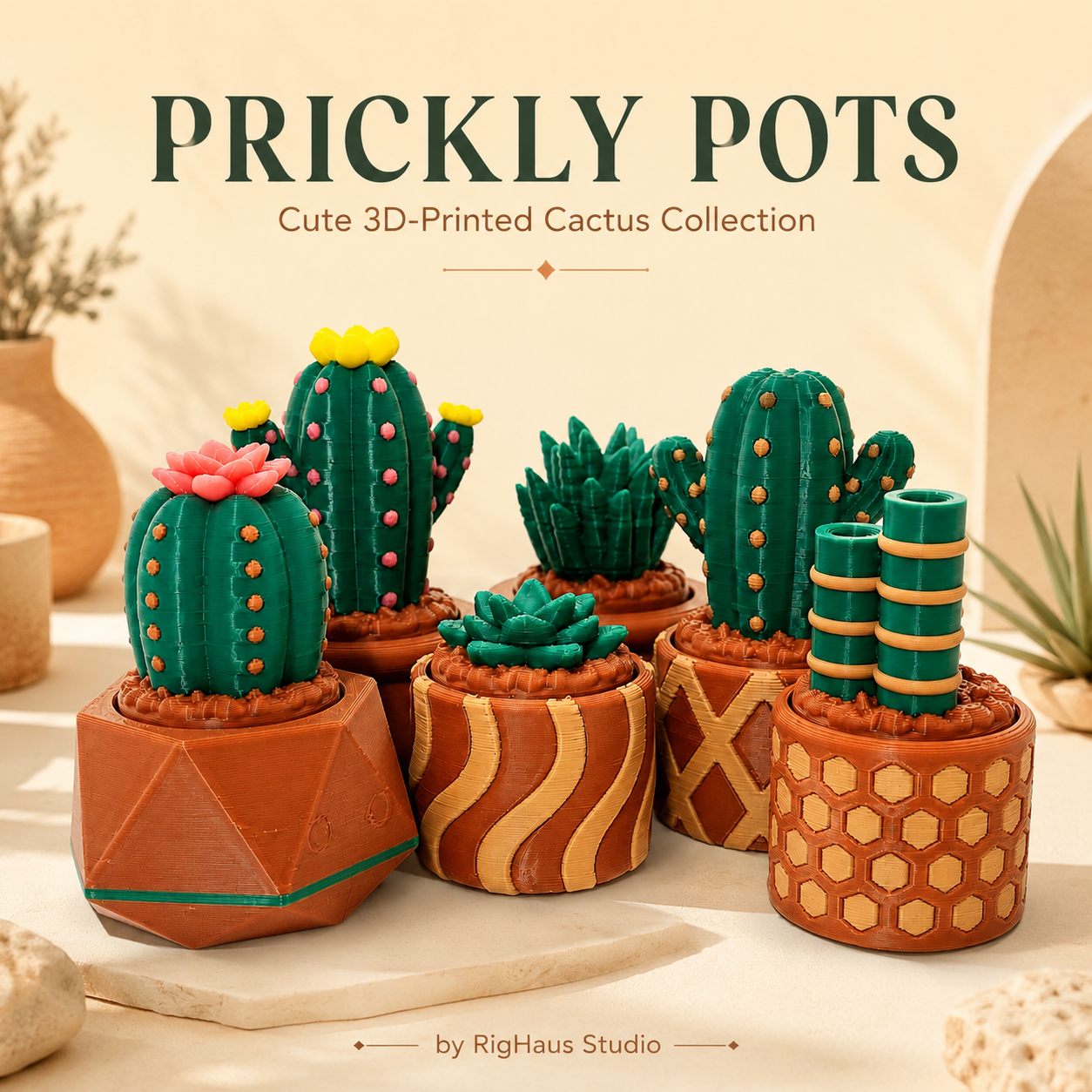 Prickly Pots 3D printed cactus collection by RigHaus Studio